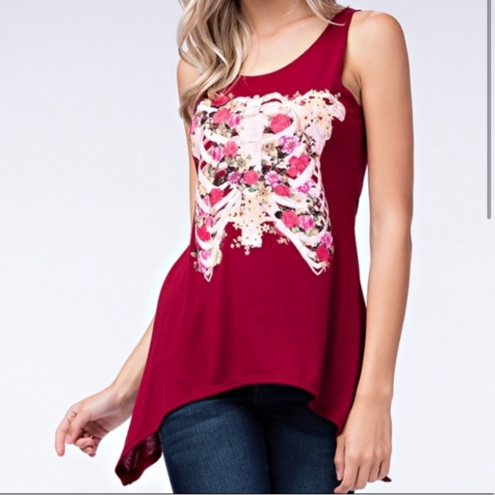 Deep Red Sleeveless Top with Ribcage and Flowers